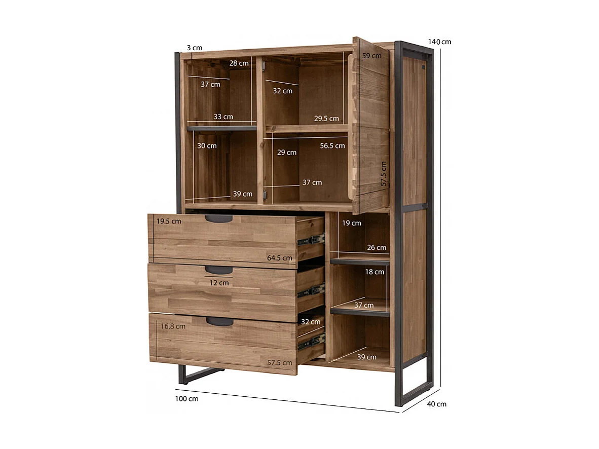 Étagère 3 tiroirs 5 niches 1 porte en bois d'acacia et métal - MAYBEL