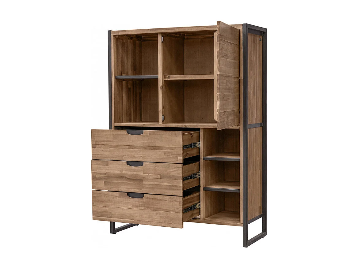 Étagère 3 tiroirs 5 niches 1 porte en bois d'acacia et métal - MAYBEL