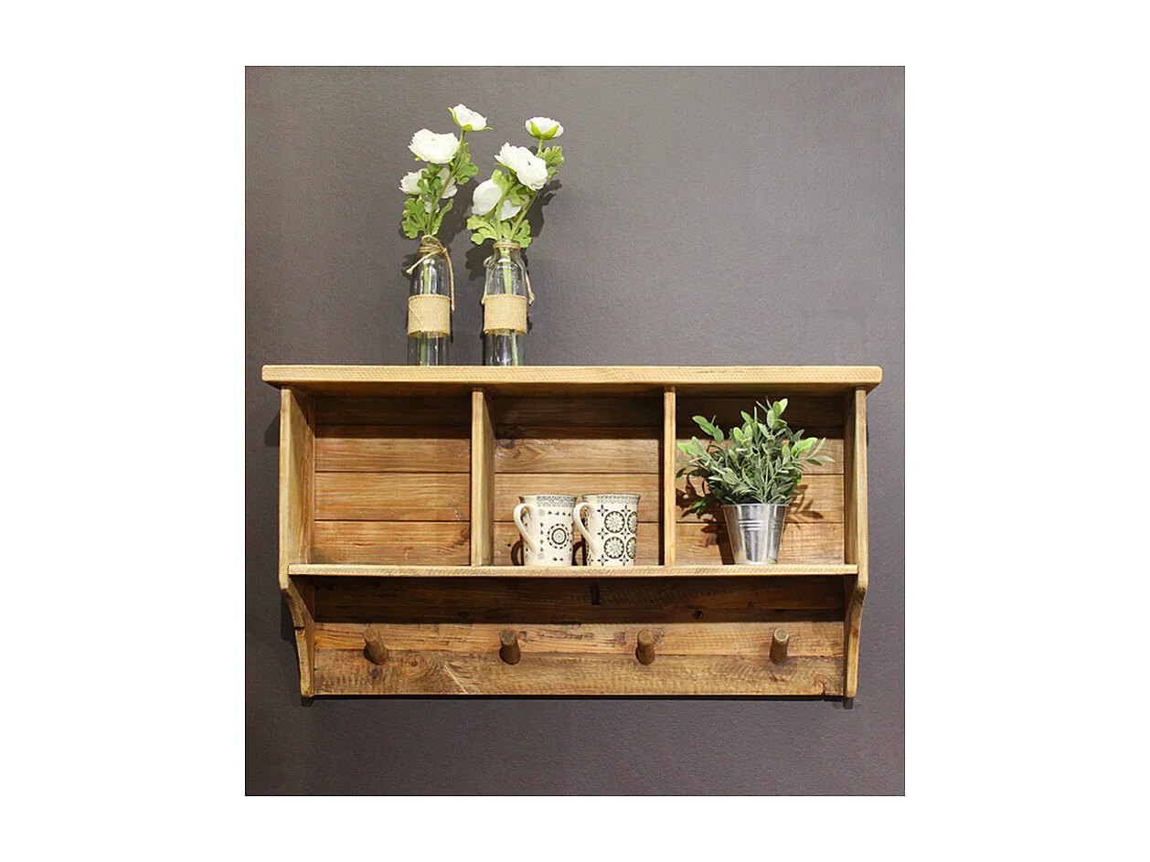 Étagère murale L. 87 cm en bois de pin recyclé avec crochets - CHALET