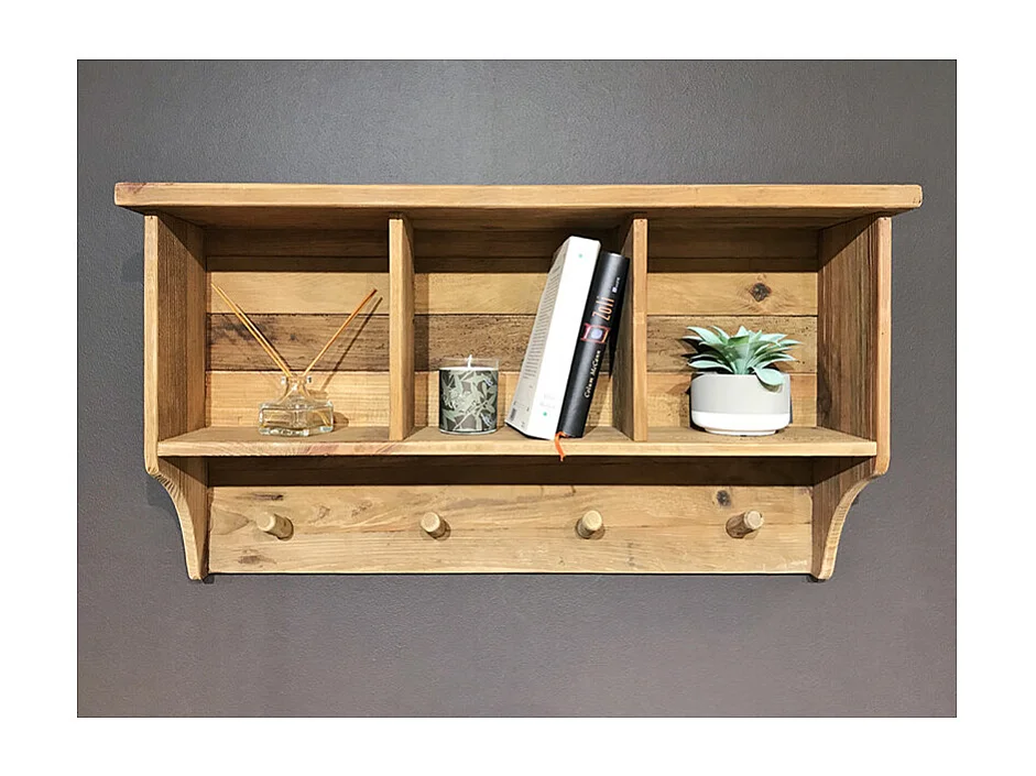 Étagère murale L. 87 cm en bois de pin recyclé avec crochets - CHALET