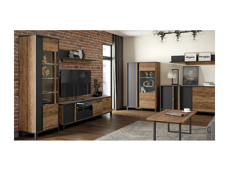 Etagère murale 154 cm asymétrique décor bois et noir – CELIA