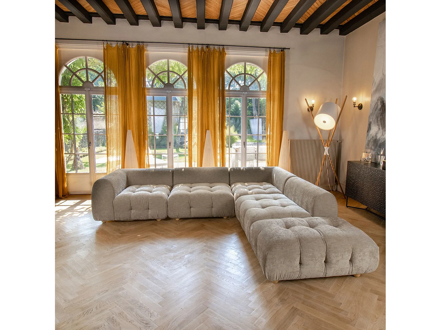 Now's Home - Canape Angle 5 Modules Gris Taupe Velours Pane 300x265x67cm Twiggy