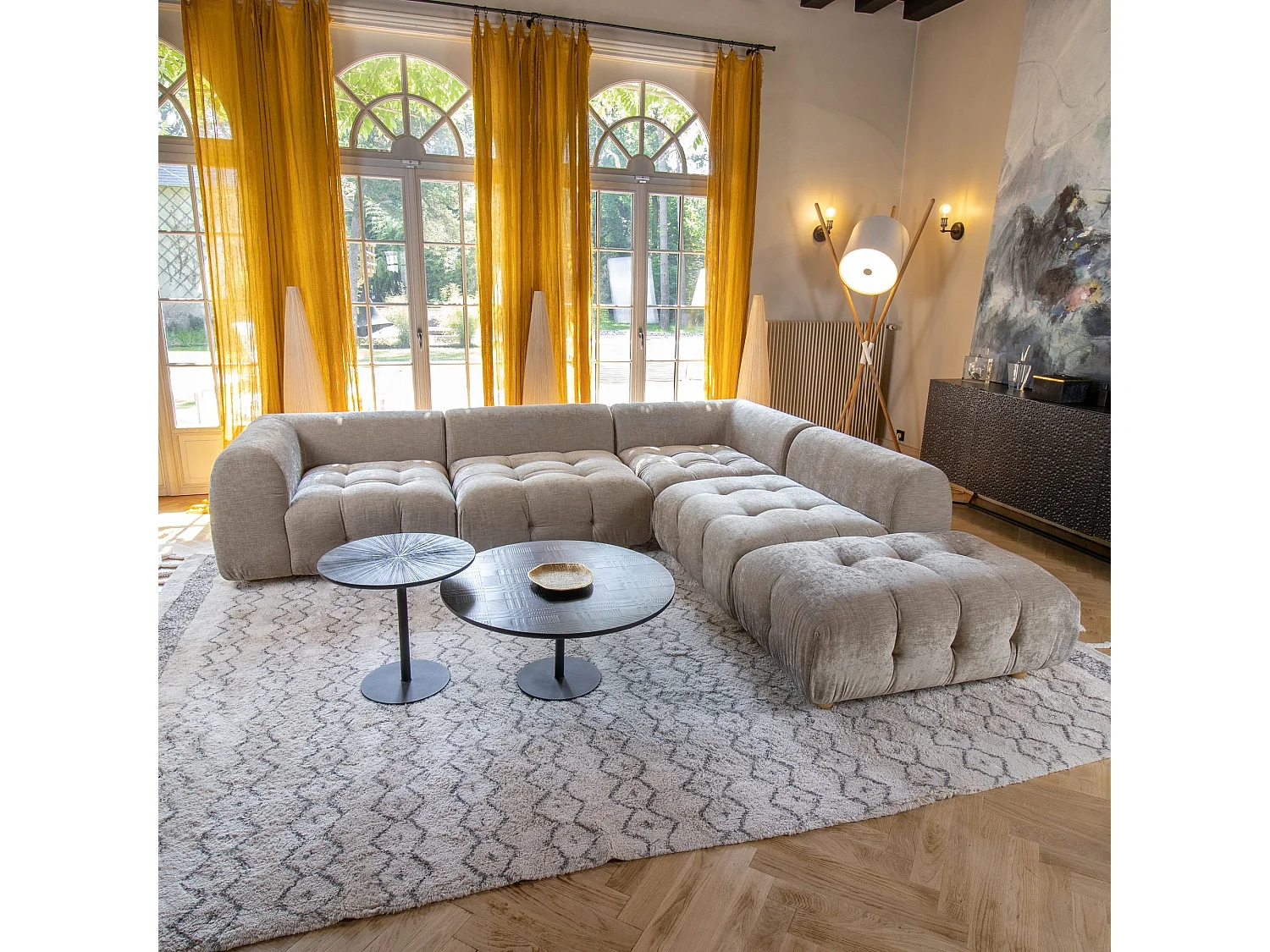 Now's Home - Canape Angle 5 Modules Gris Taupe Velours Pane 300x265x67cm Twiggy