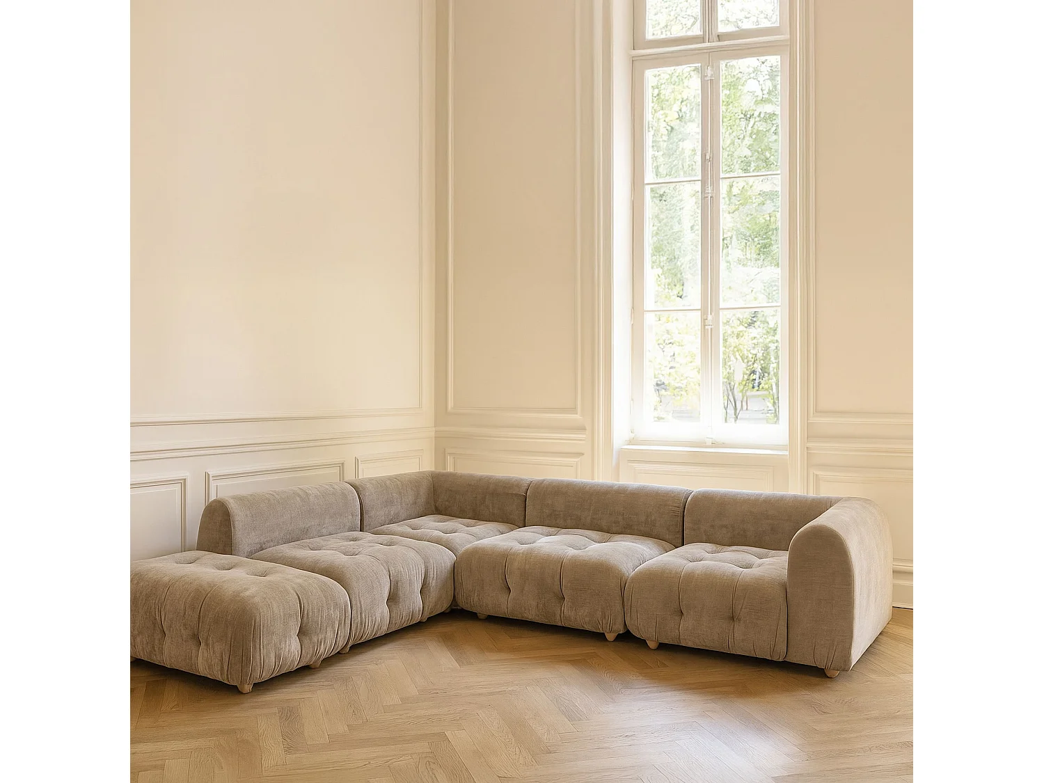 Now's Home - Canapé Angle 5 Modules Gris Taupé Velours Pané 300x265x67cm Twiggy