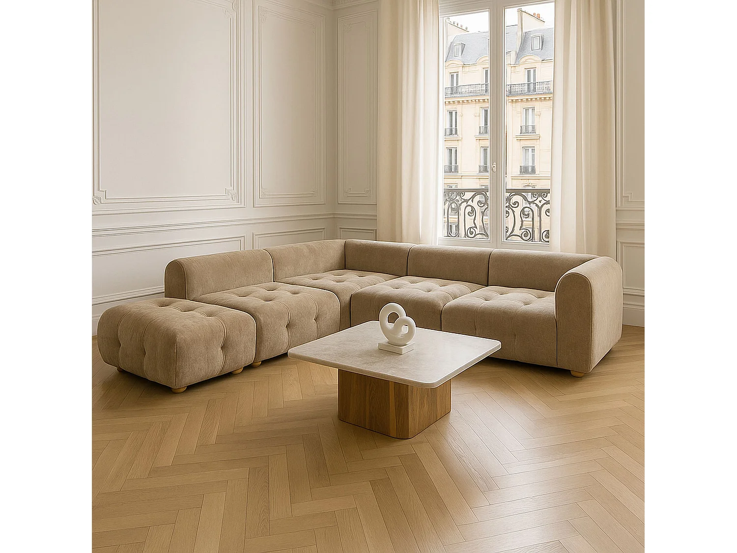 Now's Home - Canapé Angle 5 Modules Gris Taupé Velours Pané 300x265x67cm Twiggy