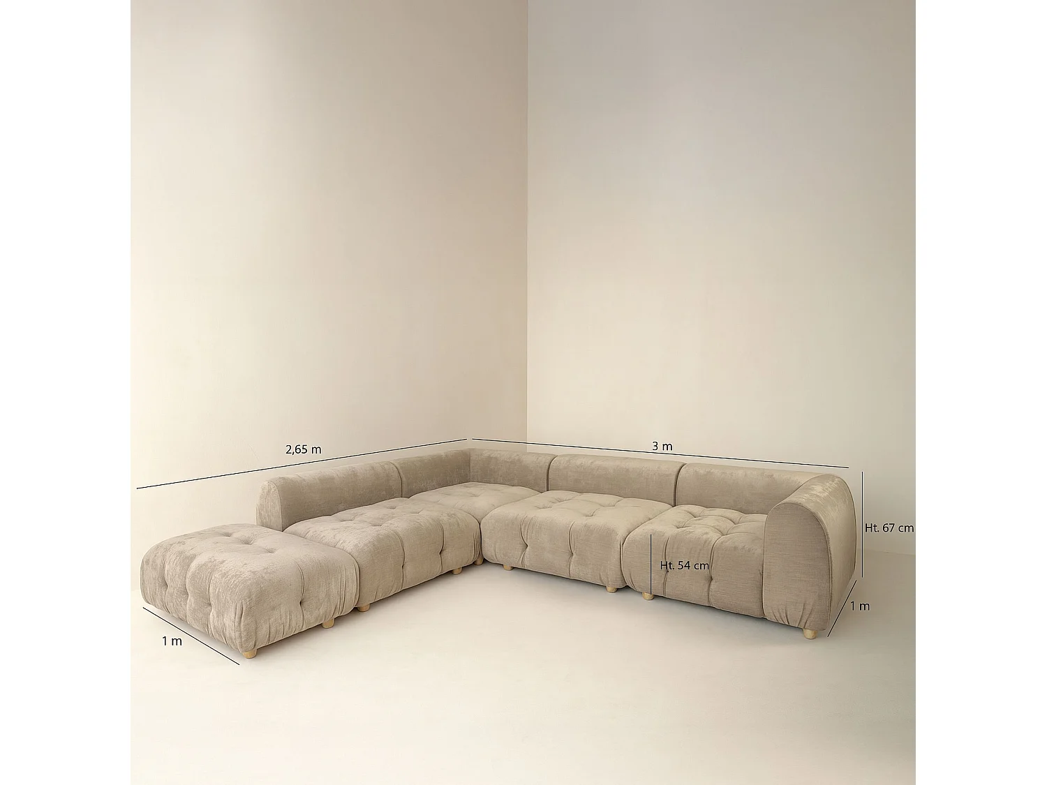 Now's Home - Canapé Angle 5 Modules Gris Taupé Velours Pané 300x265x67cm Twiggy