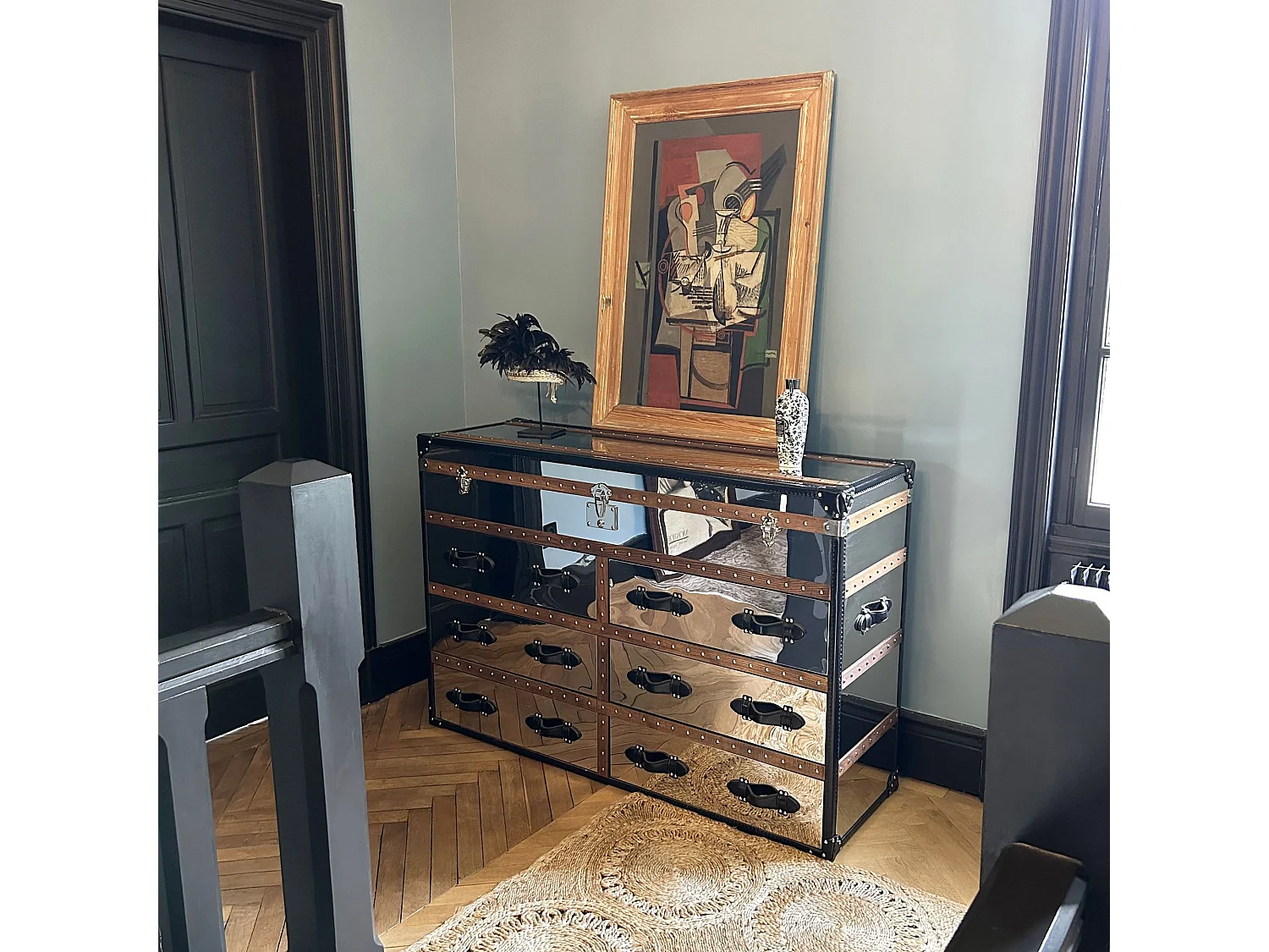 Now's Home - Commode Coffre Iliade 6tiroirs 150x49xht100cm Cuir Marron,a/inoxydable