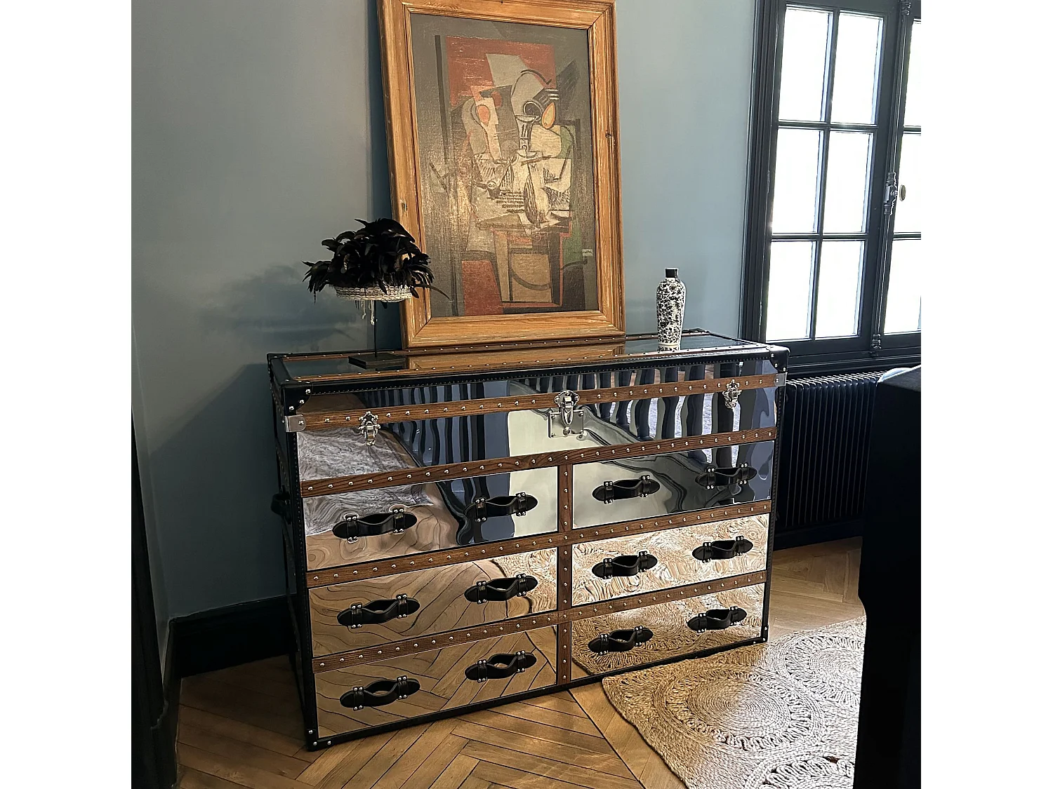 Now's Home - Commode Coffre Iliade 6tiroirs 150x49xht100cm Cuir Marron,a/inoxydable