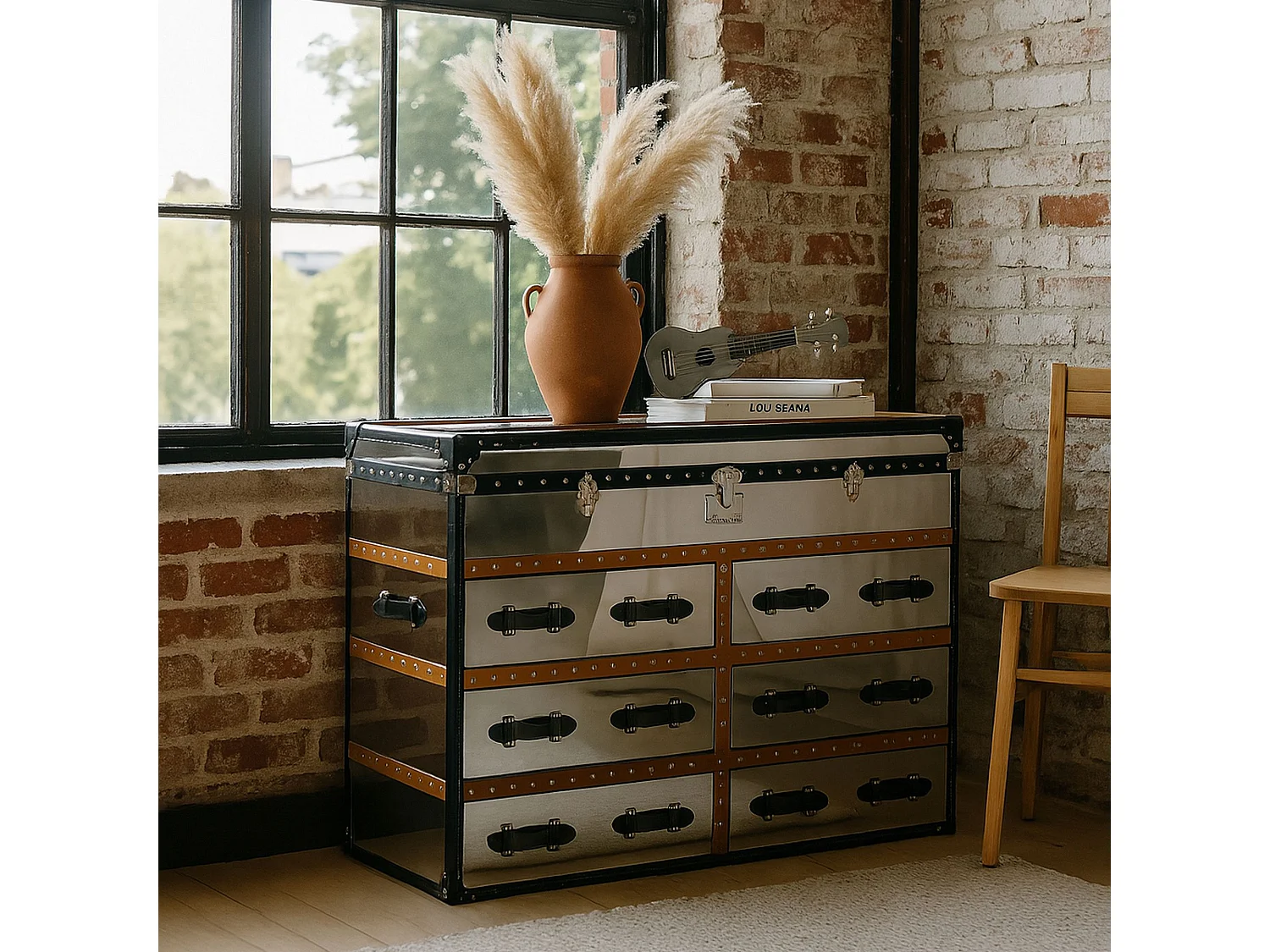 Now's Home - Commode Coffre Iliade 6tiroirs 150x49xht100cm Cuir Marron,a/inoxydable