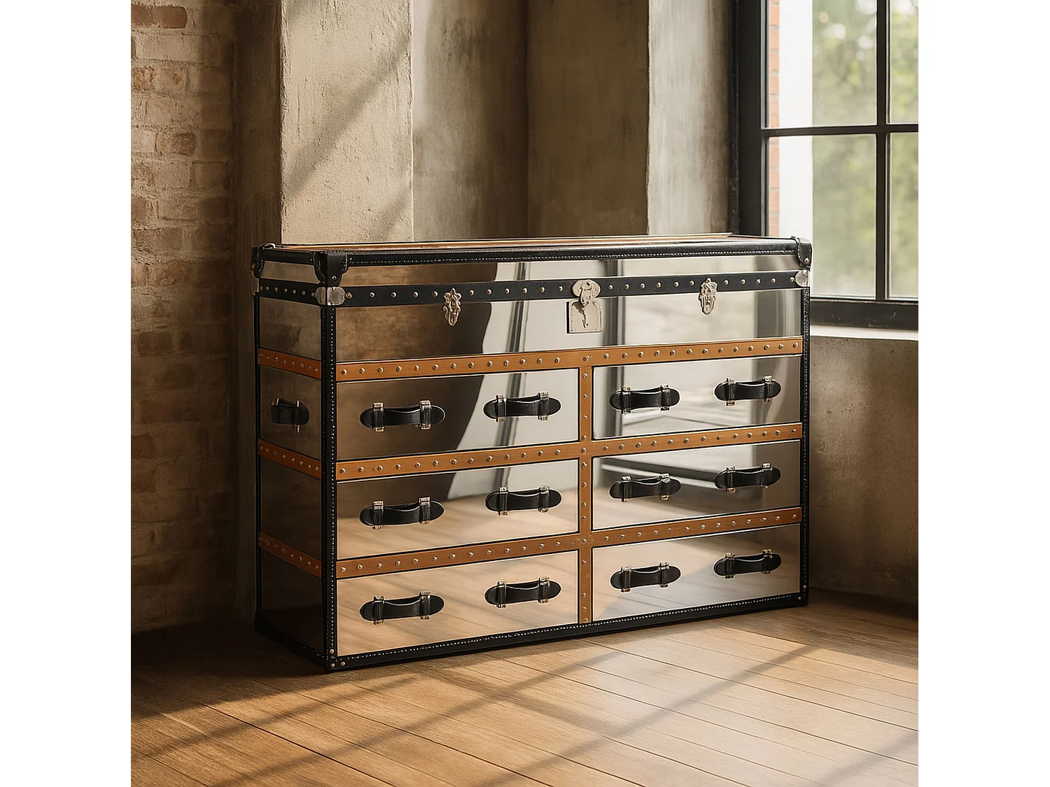 Now's Home - Commode Coffre Iliade 6tiroirs 150x49xht100cm Cuir Marron,a/inoxydable