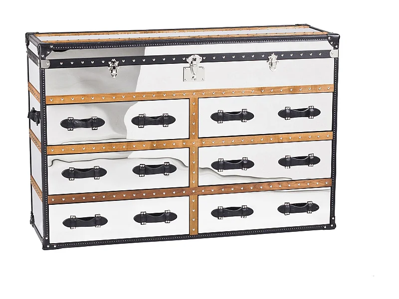 Now's Home - Commode Coffre Iliade 6tiroirs 150x49xht100cm Cuir Marron,a/inoxydable