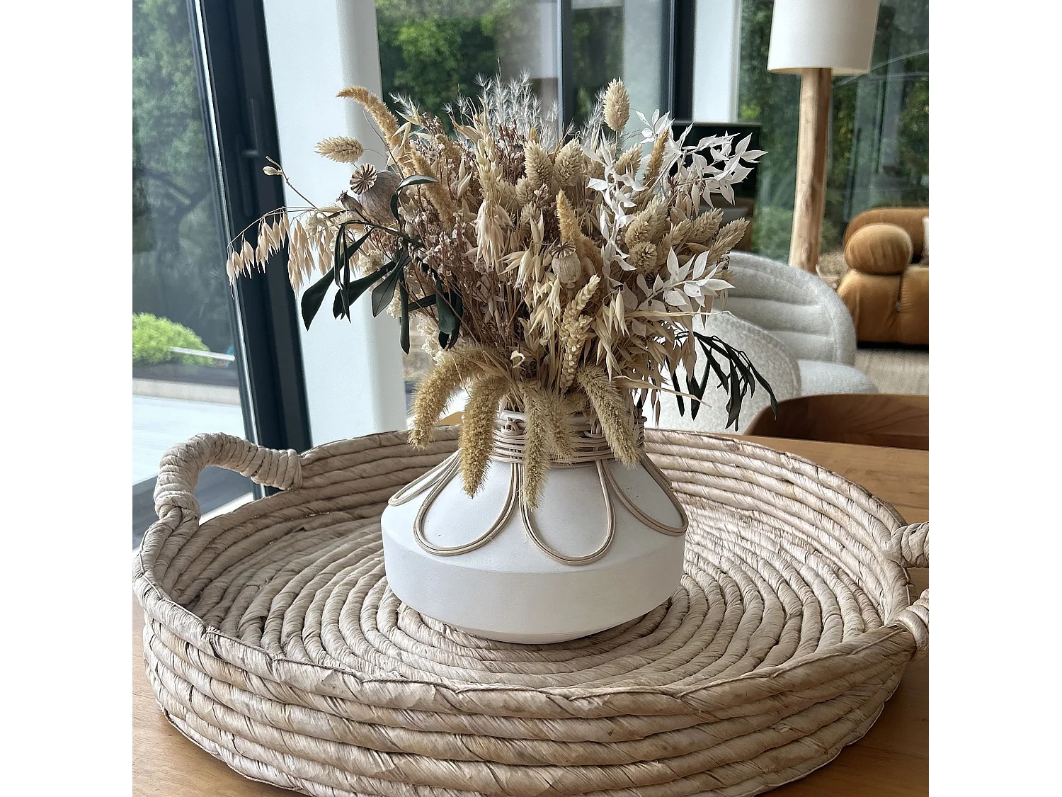 Now's Home - Vase En Beton Et Rotin Blanc D21xh16cm Nour