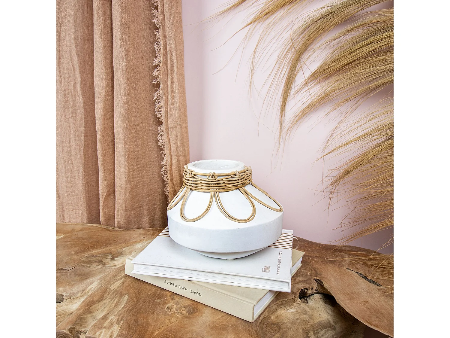 Now's Home - Vase En Beton Et Rotin Blanc D21xh16cm Nour