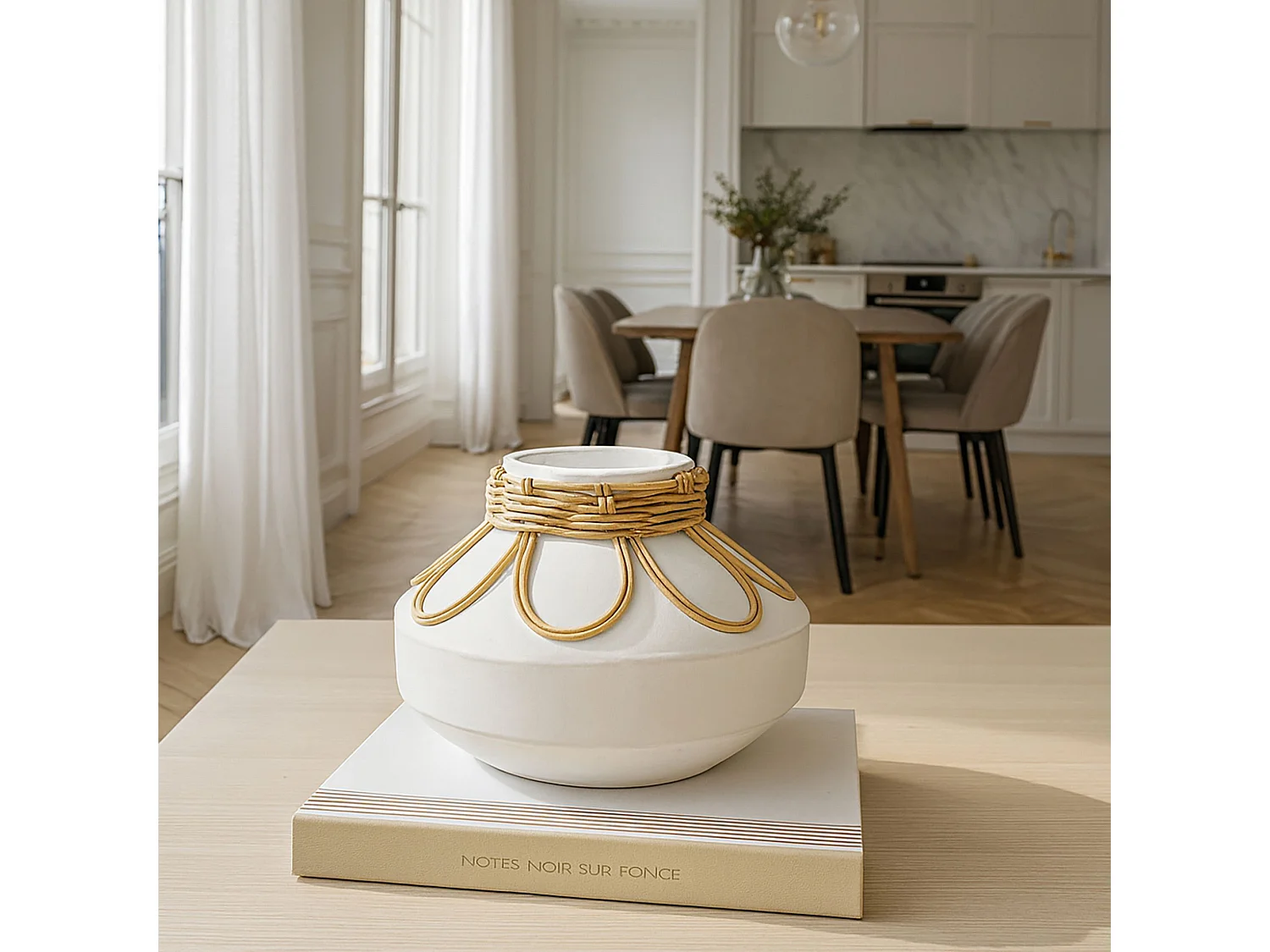 Now's Home - Vase En Beton Et Rotin Blanc D21xh16cm Nour