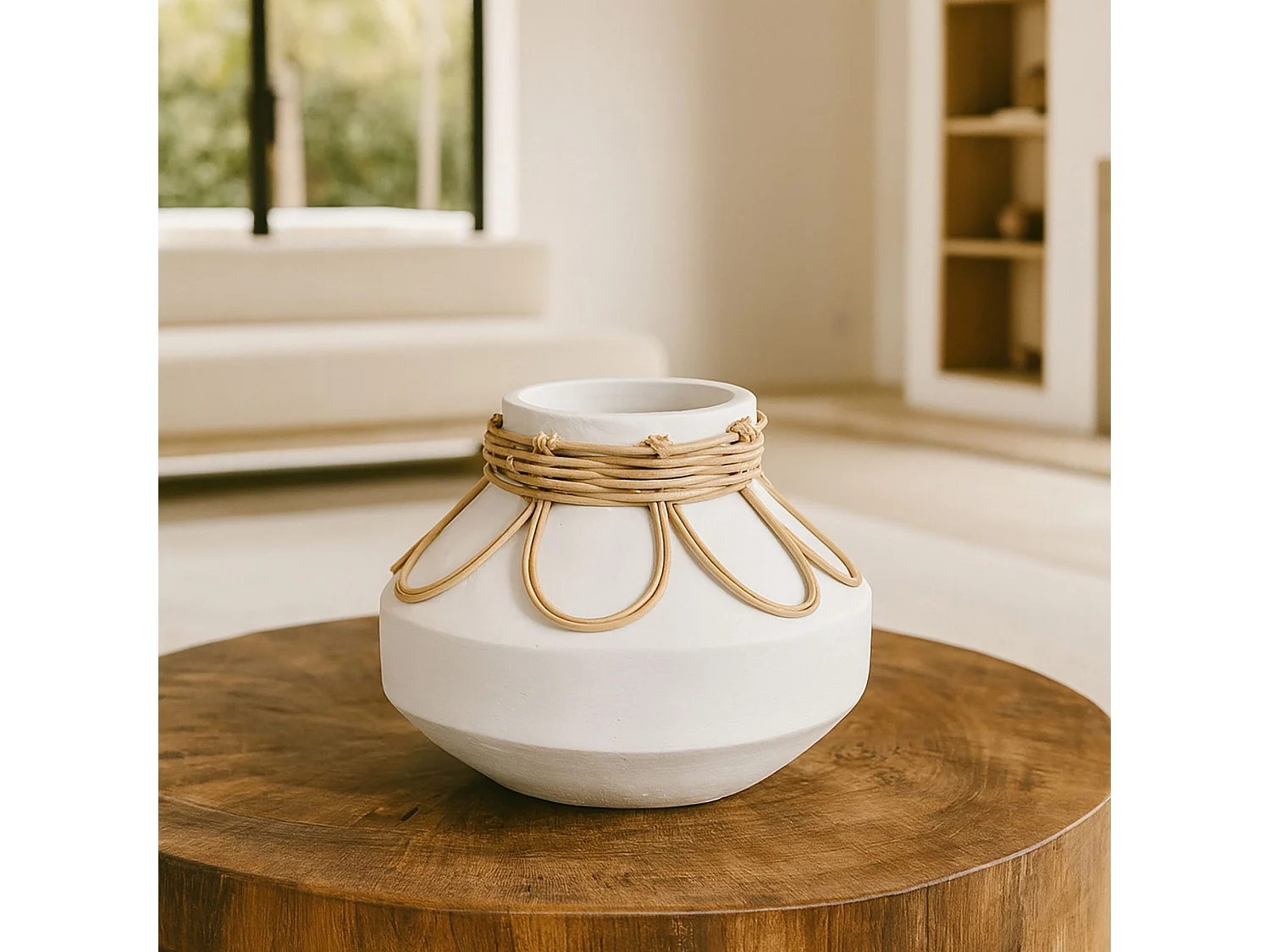 Now's Home - Vase En Beton Et Rotin Blanc D21xh16cm Nour