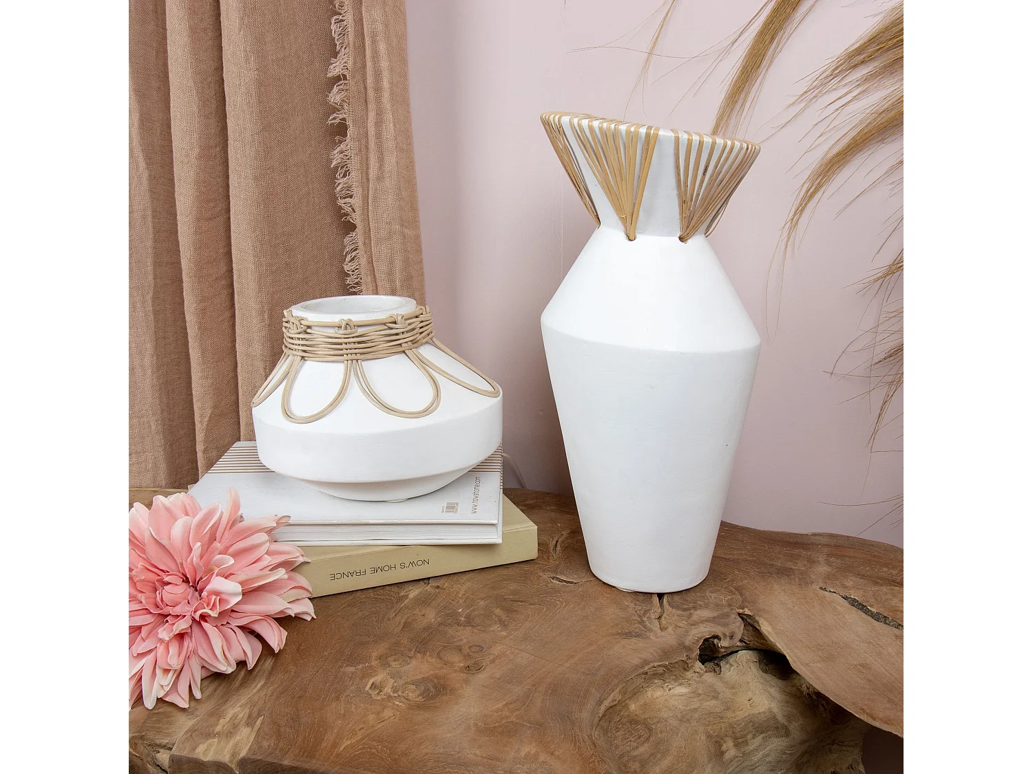 Now's Home - Vase En Beton Et Rotin Blanc D18xh37cm Aya