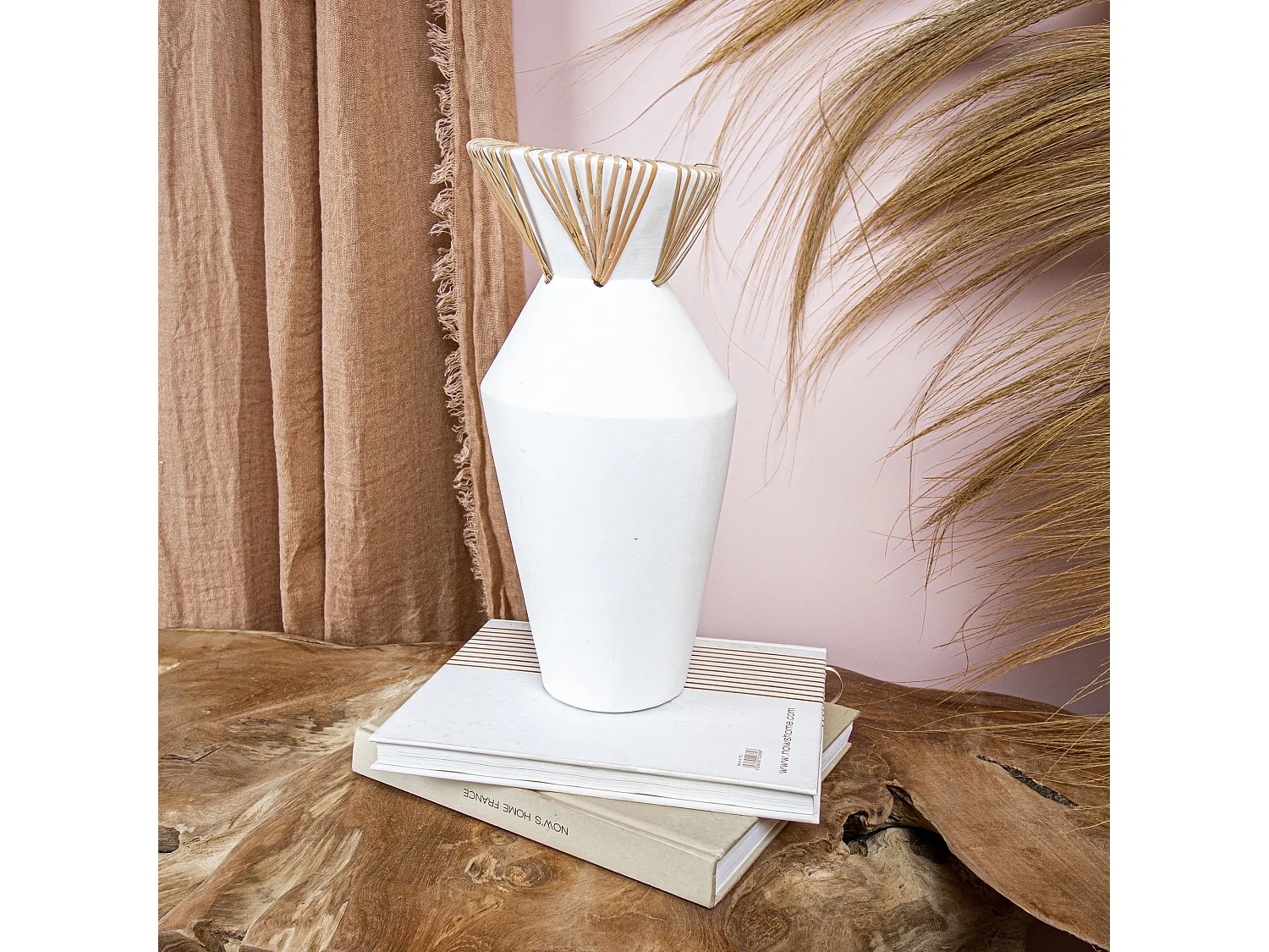 Now's Home - Vase En Beton Et Rotin Blanc D18xh37cm Aya