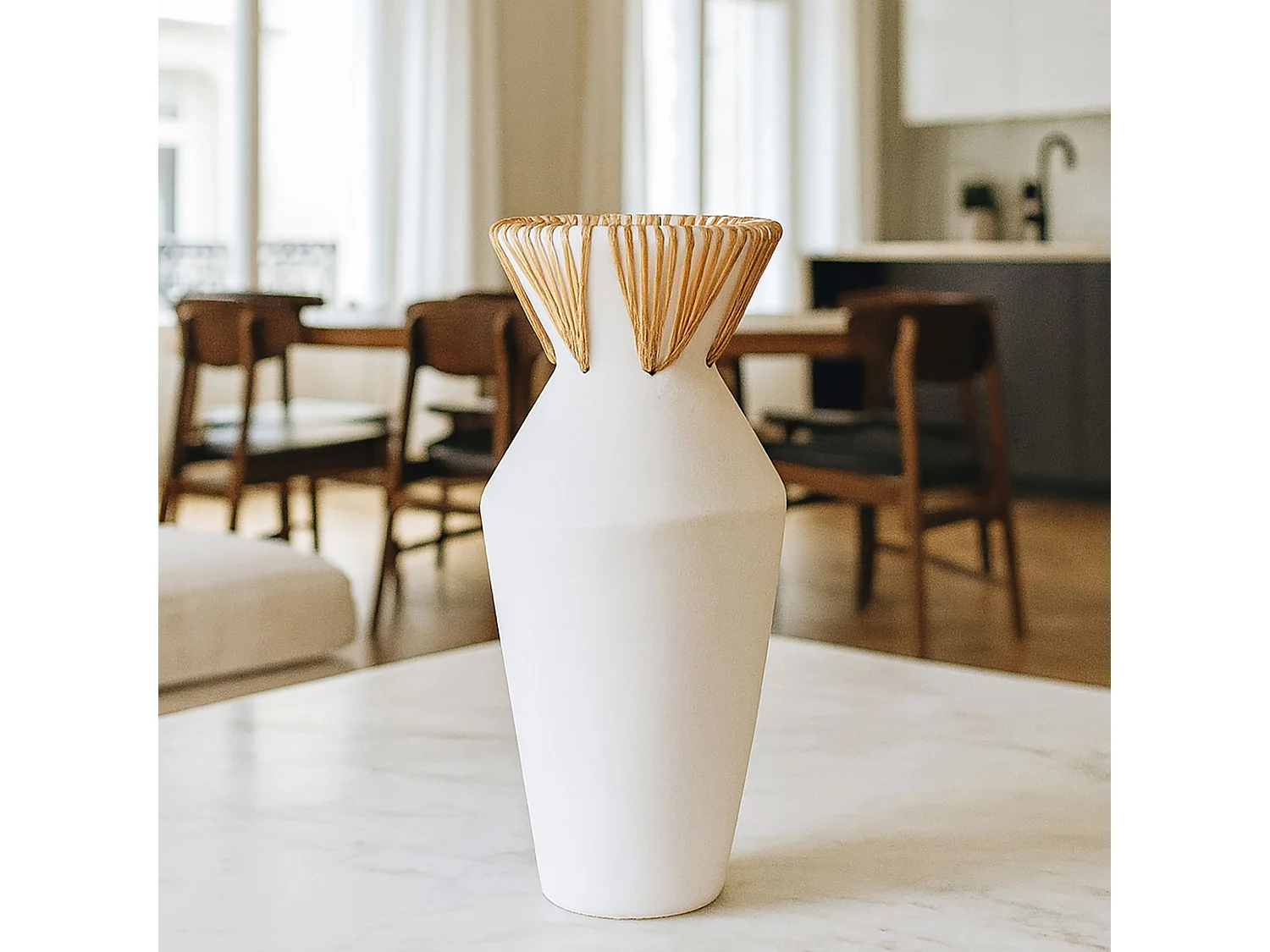 Now's Home - Vase En Beton Et Rotin Blanc D18xh37cm Aya