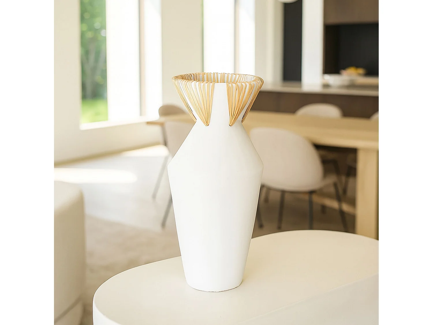 Now's Home - Vase En Beton Et Rotin Blanc D18xh37cm Aya