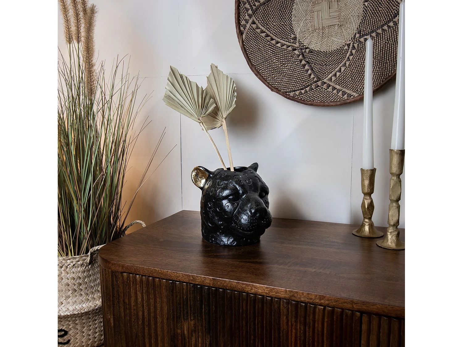 Now's Home - Vase Panthere Noir Et Or Majestueuse 15x19x15cm Panthere