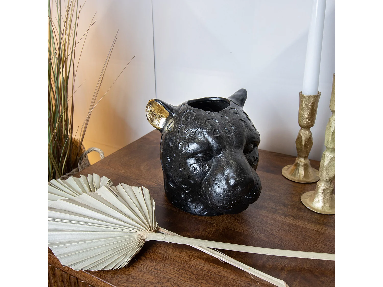 Now's Home - Vase Panthere Noir Et Or Majestueuse 15x19x15cm Panthere