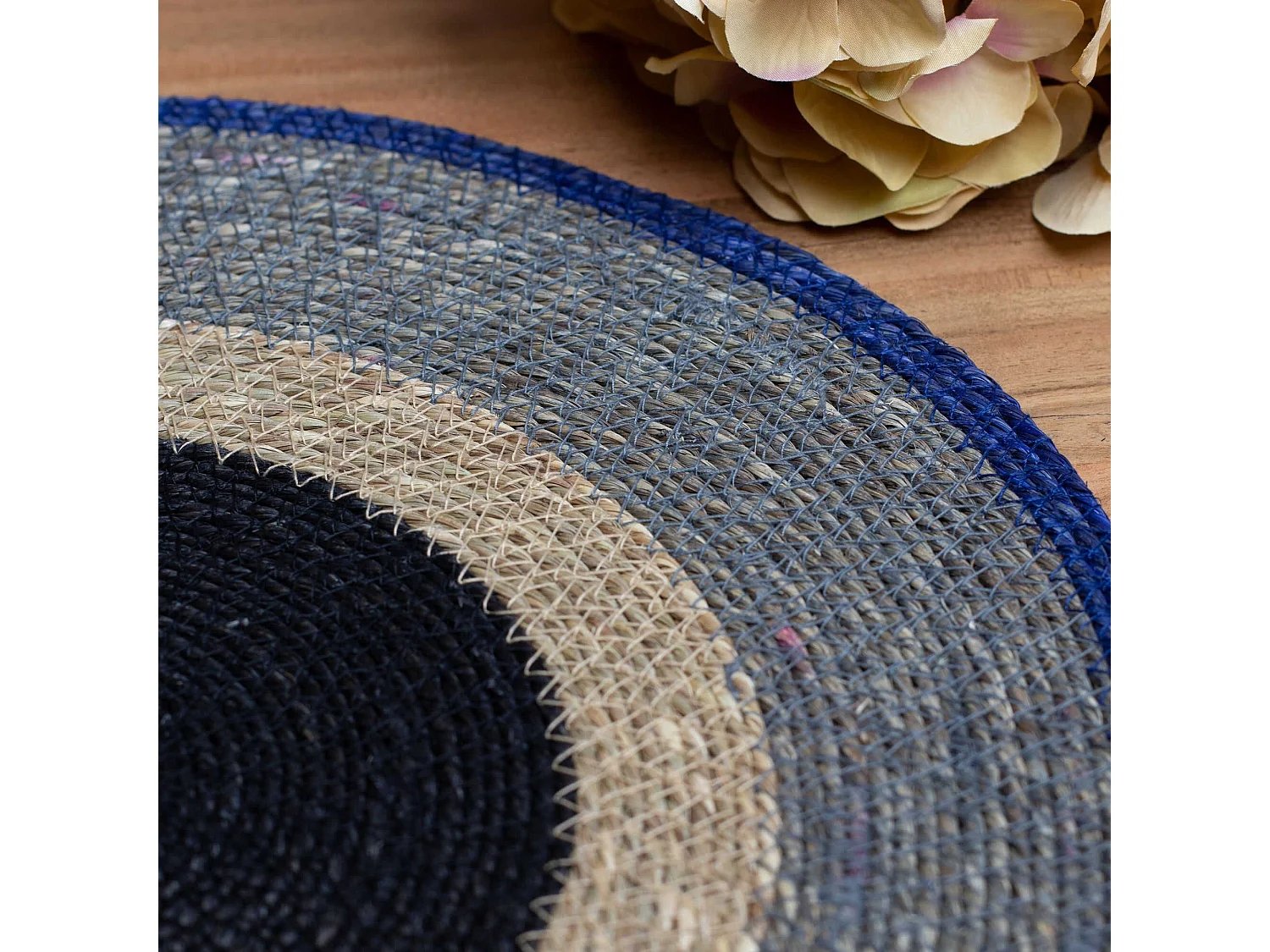 Novastyl - Lot 6 Sets De Table Luna Rond 38cm En Jonc De Mer Naturel Et Bleu