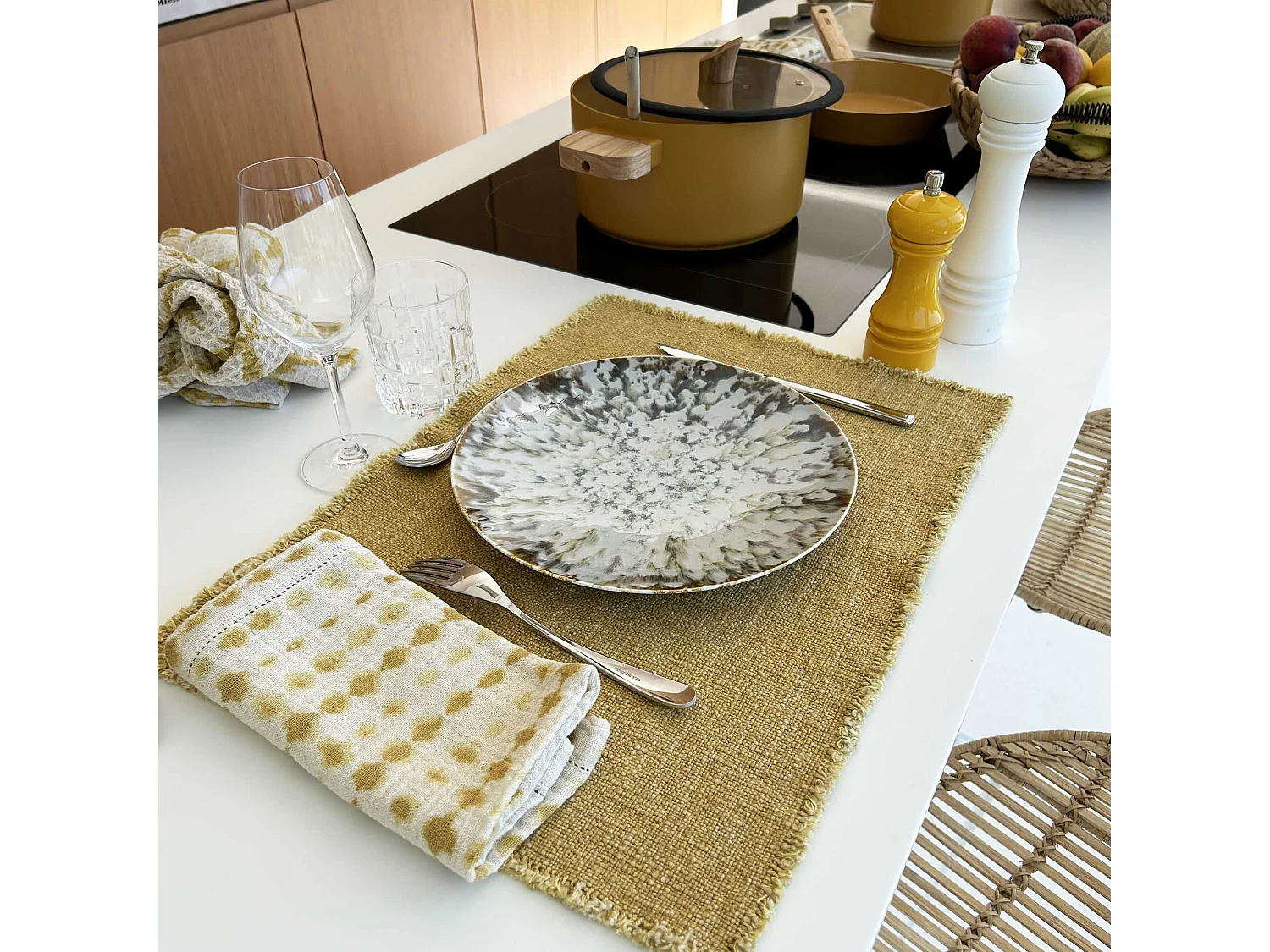 Now's Home - Lot De 4 Sets De Table Franges Tissu Uni Jaune Mimosa 38x54cm Anoki