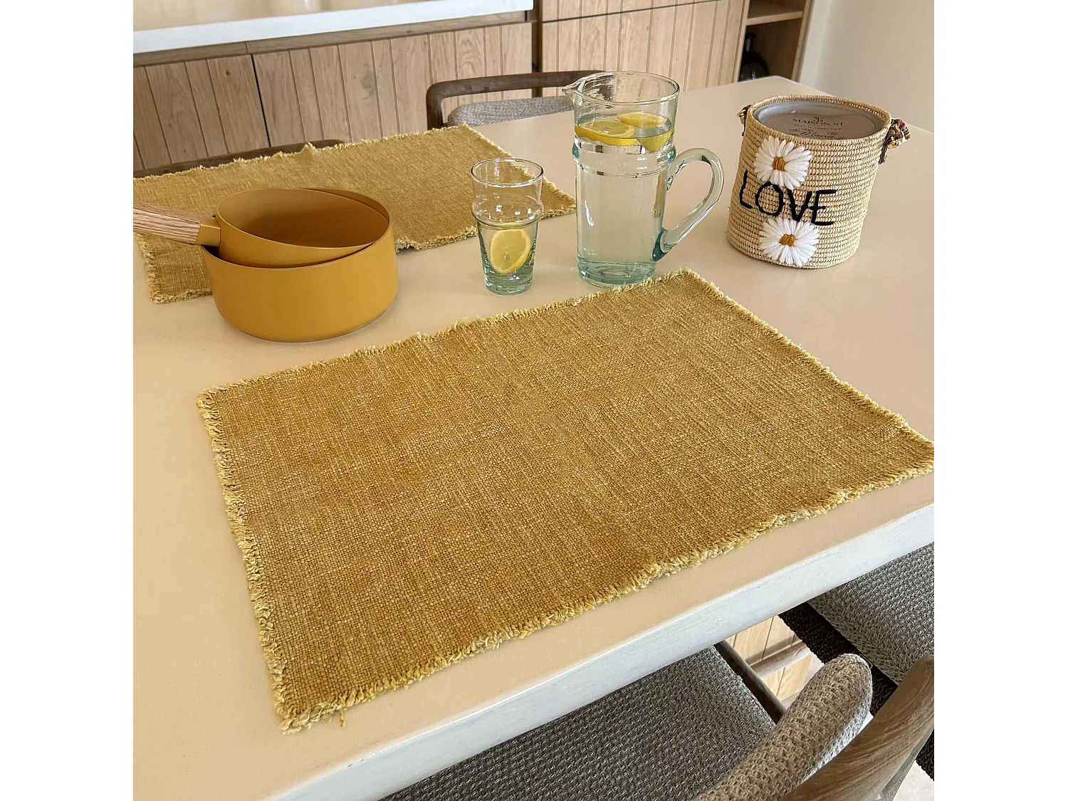 Now's Home - Lot De 4 Sets De Table Frangés Tissu Uni Jaune Mimosa 38x54cm Anoki