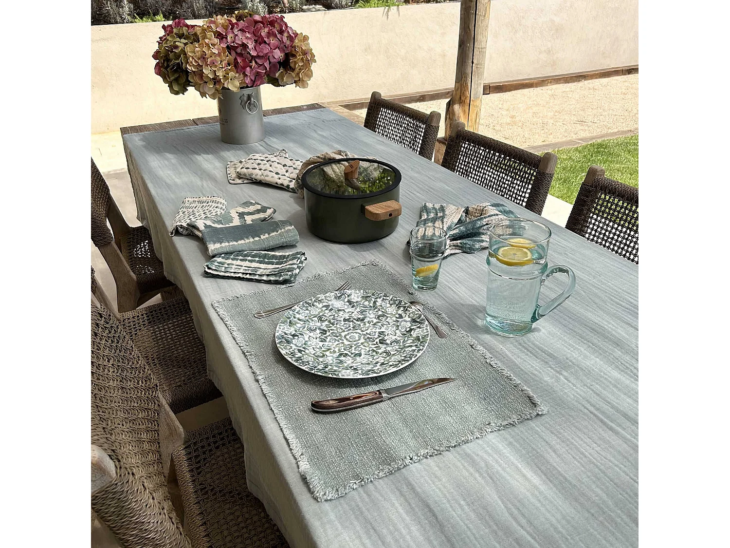 Now's Home - Lot De 4 Sets De Table Franges Tissu Uni Vert Celadon 38x54cm Anoki