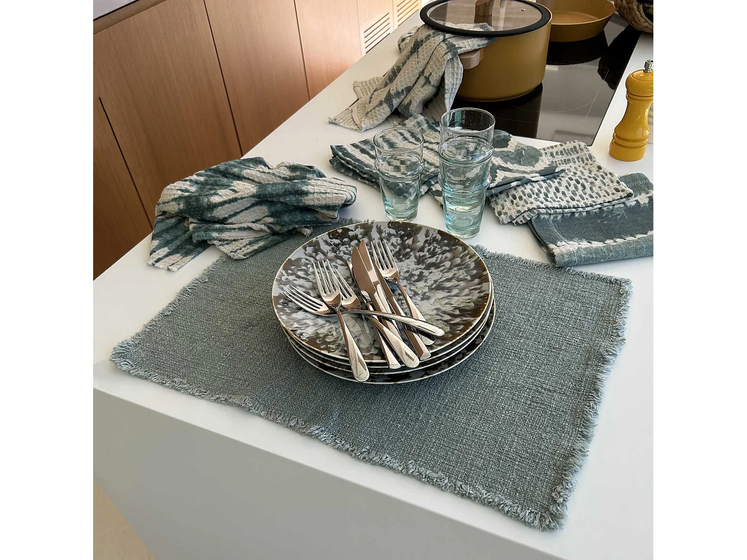 Now's Home - Lot De 4 Sets De Table Frangés Tissu Uni Vert Celadon 38x54cm Anoki