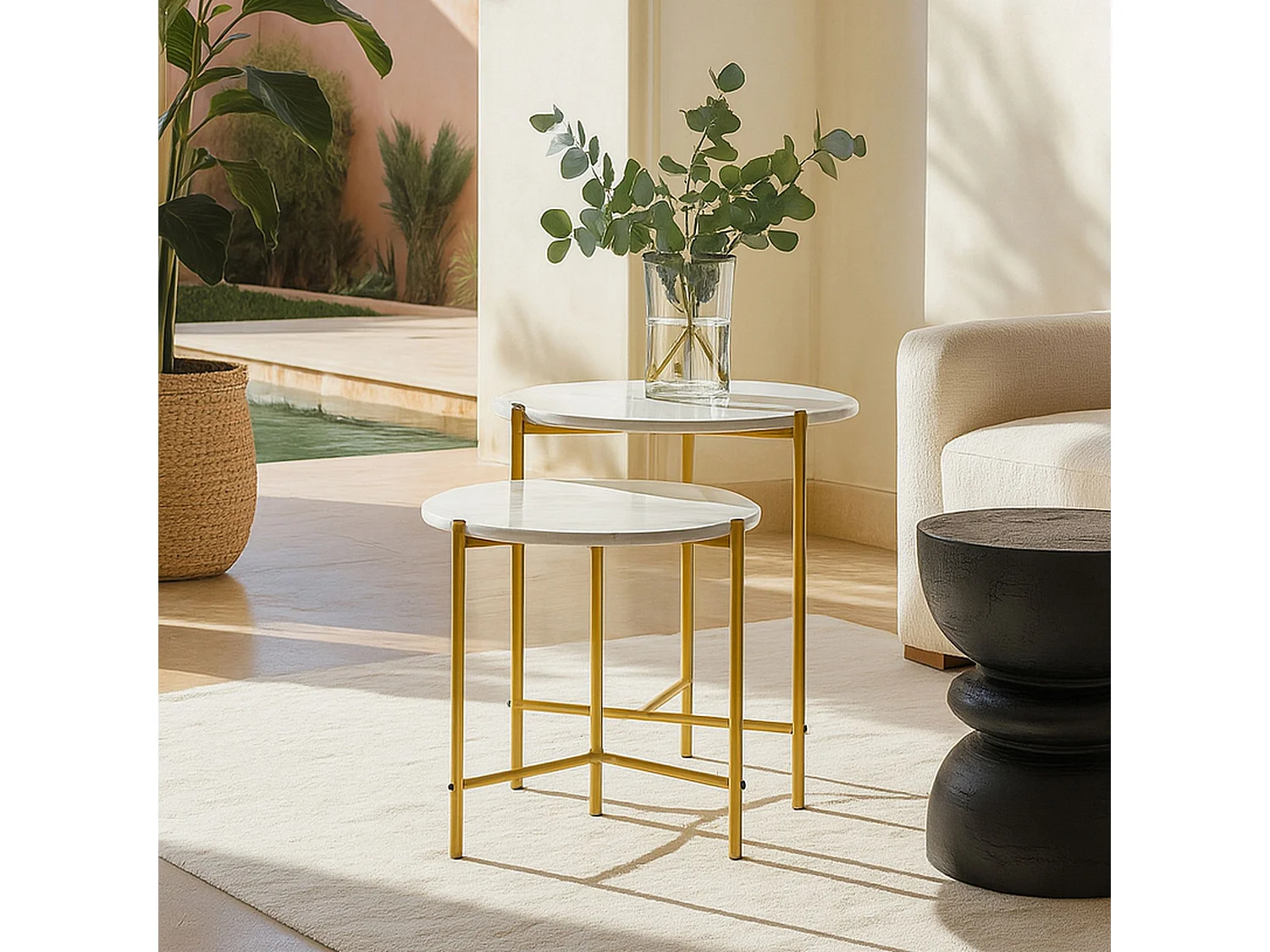 Now's Home - Set De 2 Tables Gigogne Effet Marbre Pieds Métal H40 Et 45cm Shiap