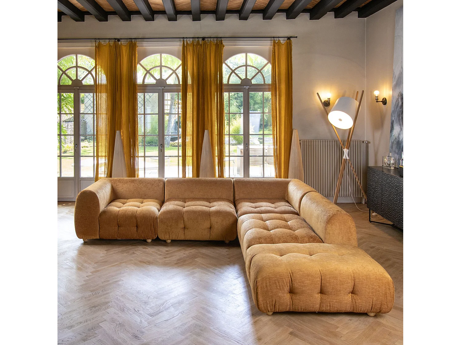 Now's Home - Canape Angle 5 Modules Ocre Orange Velours Pane 300x265x67cm Twiggy