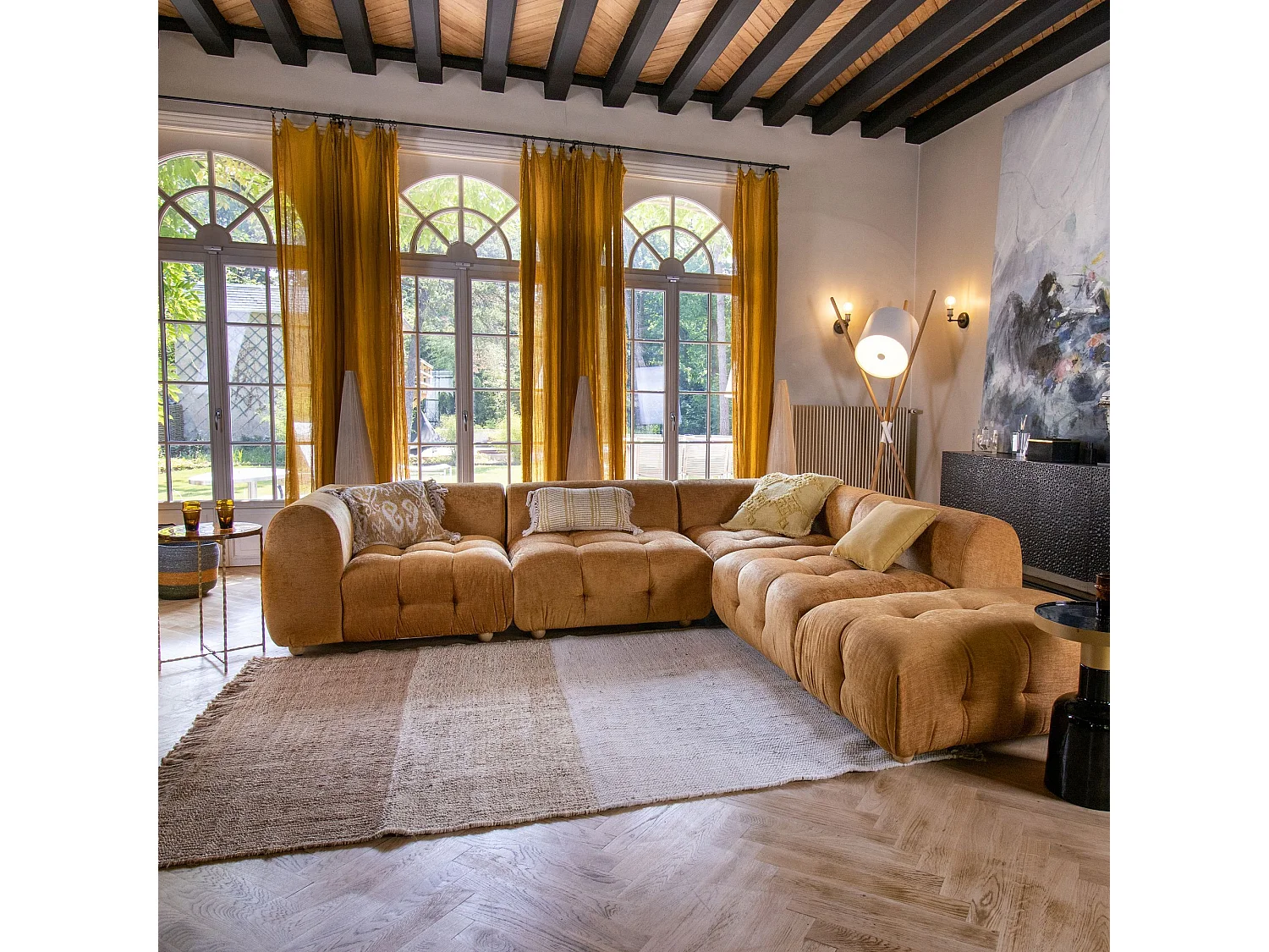 Now's Home - Canape Angle 5 Modules Ocre Orange Velours Pane 300x265x67cm Twiggy