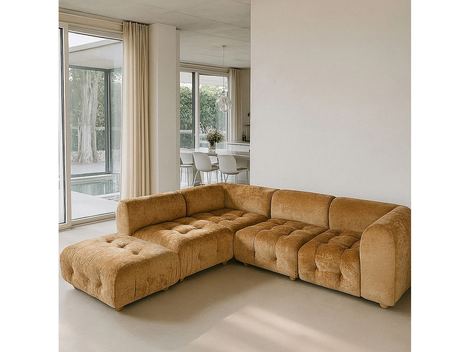 Now's Home - Canapé Angle 5 Modules Ocre Orangé Velours Pané 300x265x67cm Twiggy