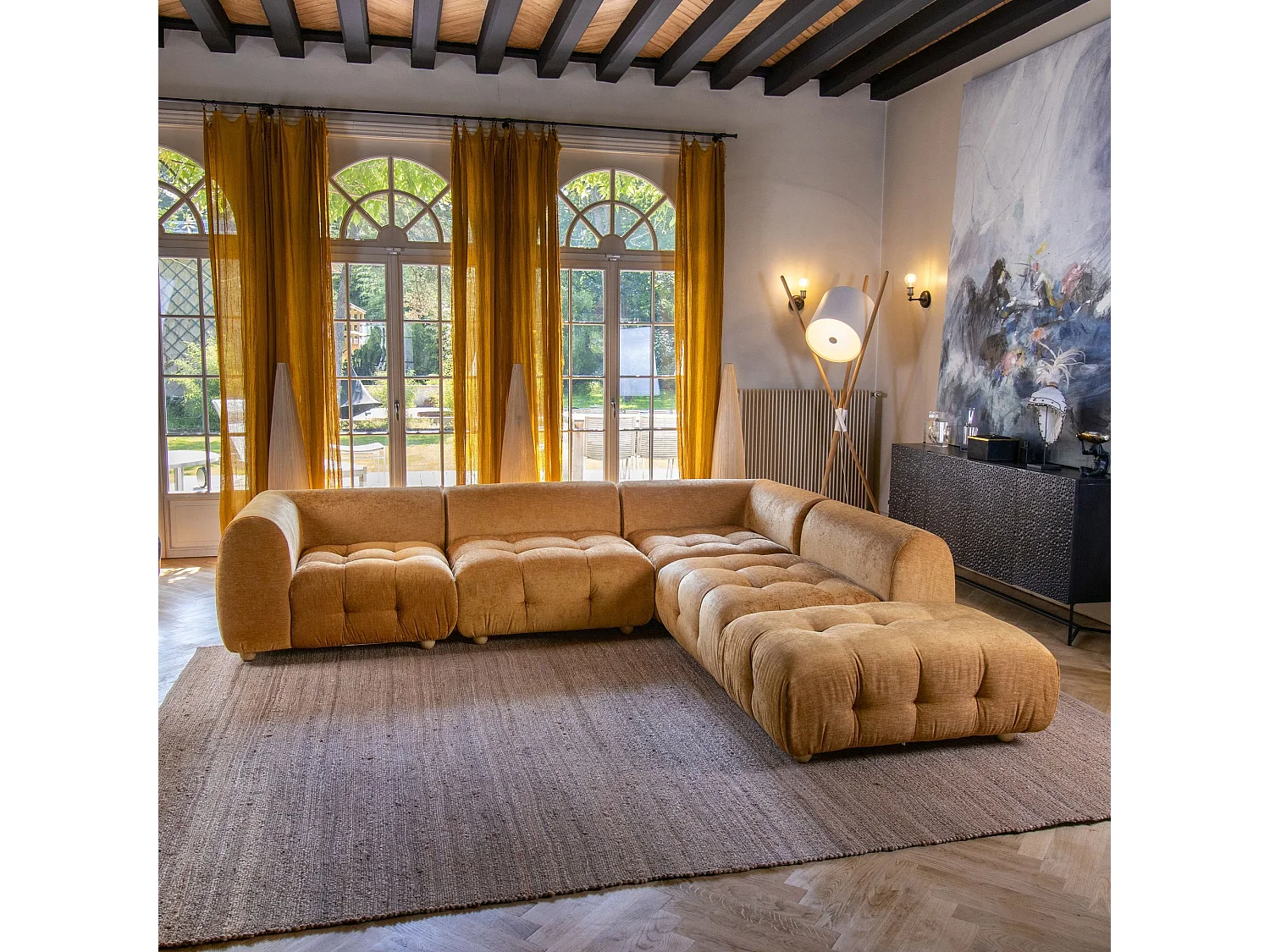 Now's Home - Canapé Angle 5 Modules Ocre Orangé Velours Pané 300x265x67cm Twiggy