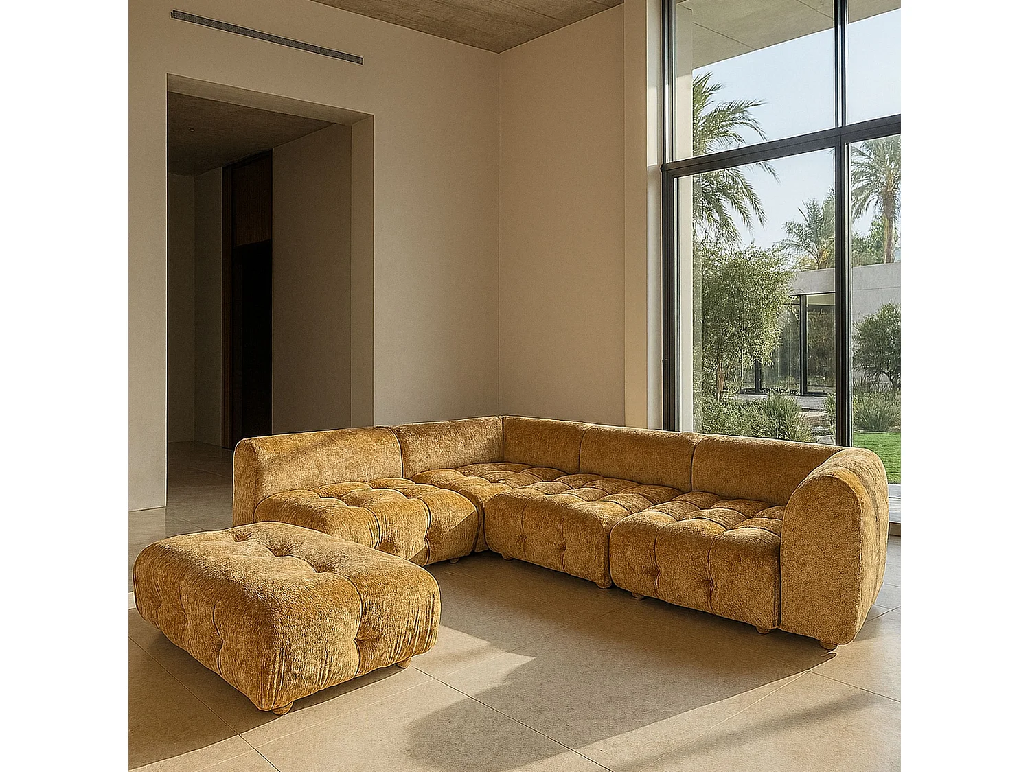 Now's Home - Canapé Angle 5 Modules Ocre Orangé Velours Pané 300x265x67cm Twiggy