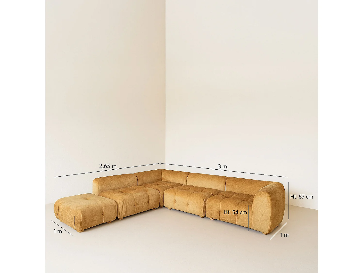 Now's Home - Canapé Angle 5 Modules Ocre Orangé Velours Pané 300x265x67cm Twiggy