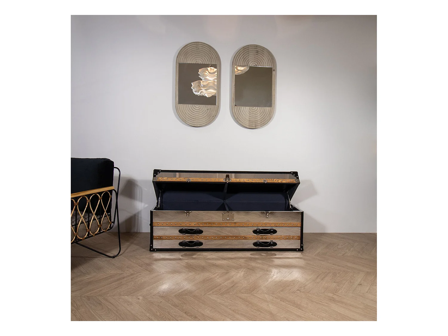 Now's Home - Commode Coffre - 1coffre -2 Tiroirs- Acier & Cuir 140x39x50cm Iliade