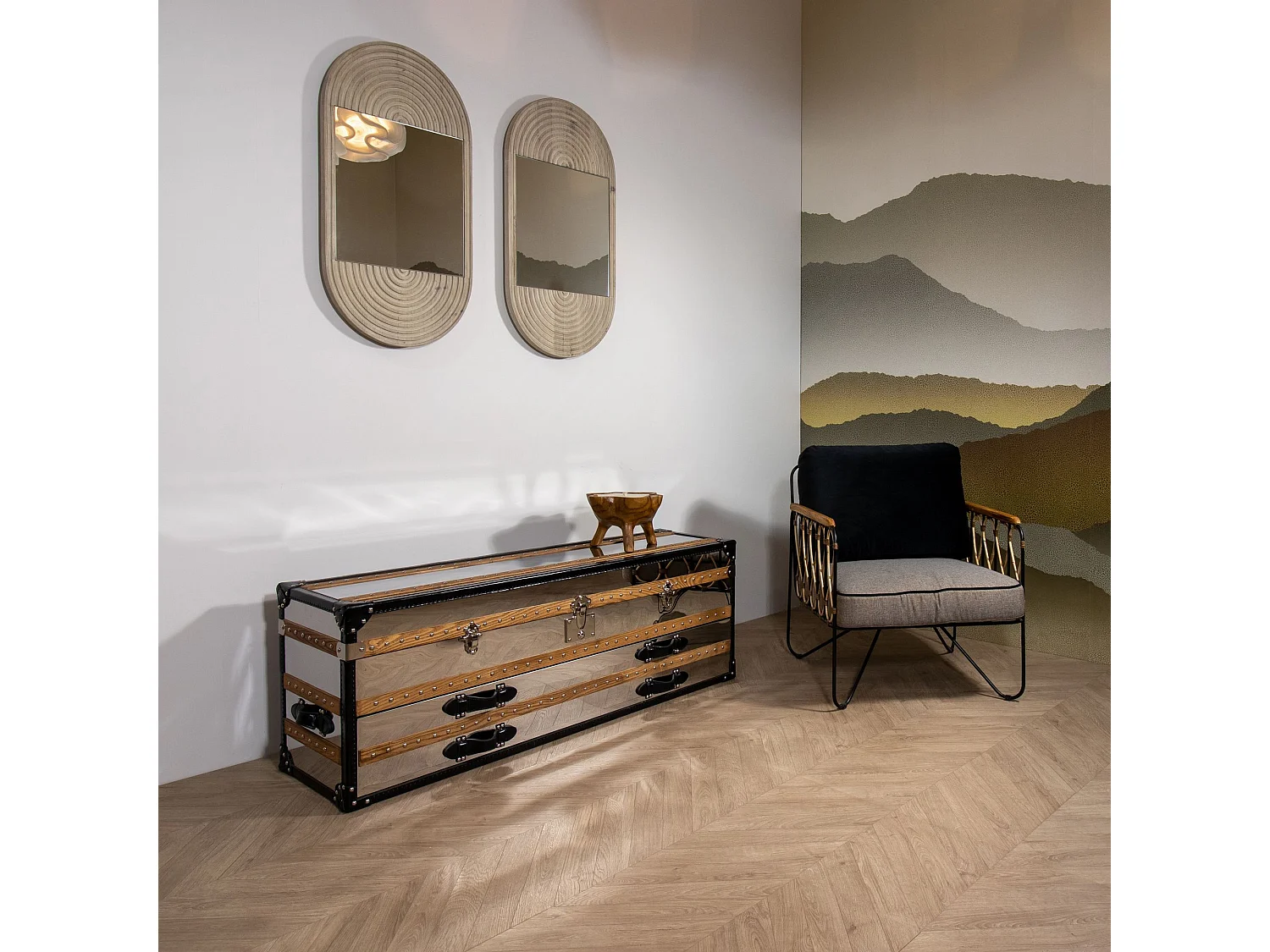 Now's Home - Commode Coffre - 1coffre -2 Tiroirs- Acier & Cuir 140x39x50cm Iliade