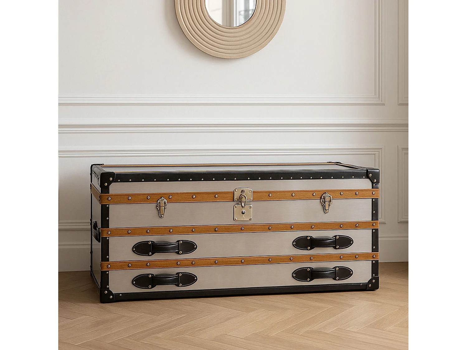 Now's Home - Commode Coffre - 1coffre -2 Tiroirs- Acier & Cuir 140x39x50cm Iliade