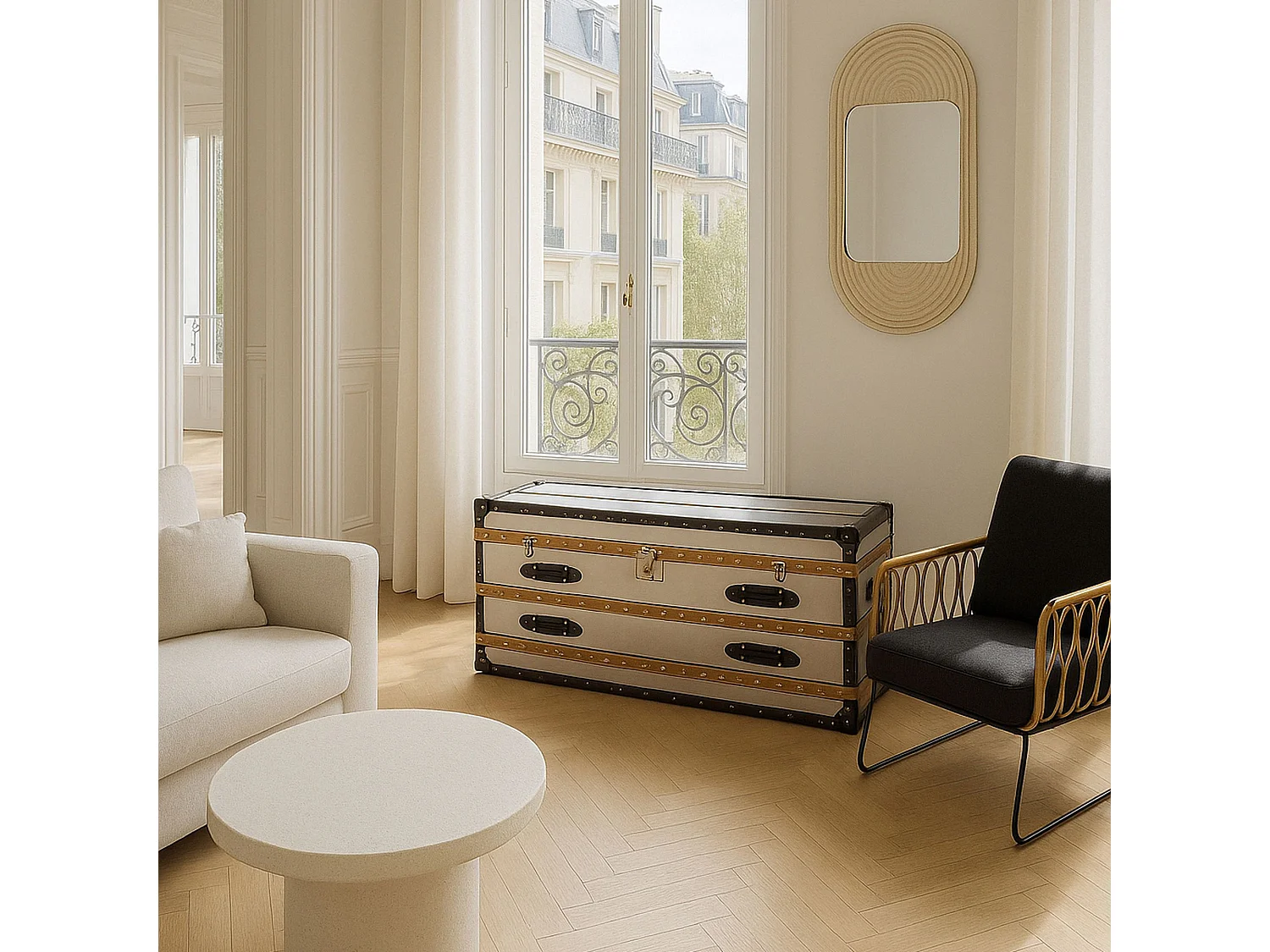 Now's Home - Commode Coffre - 1coffre -2 Tiroirs- Acier & Cuir 140x39x50cm Iliade