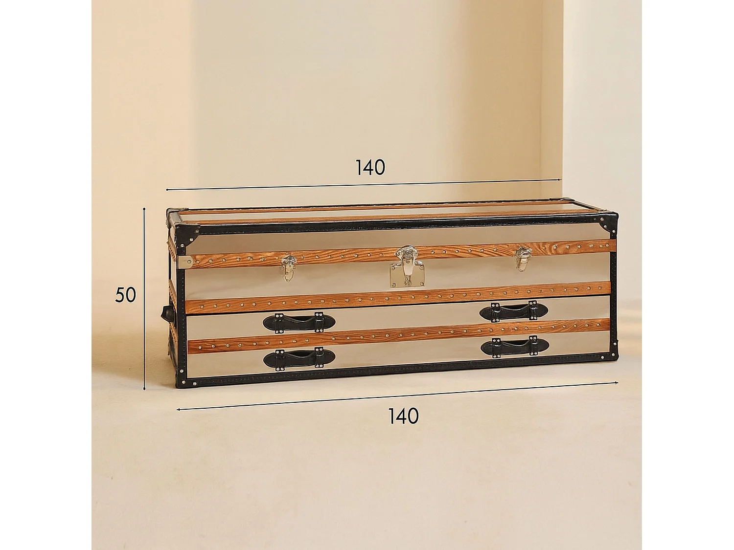 Now's Home - Commode Coffre - 1coffre -2 Tiroirs- Acier & Cuir 140x39x50cm Iliade
