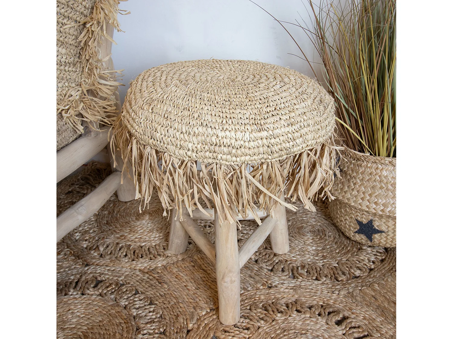 Now's Home - Tabouret En Teck Revetement Sisal Shaggy H48cm Tilos