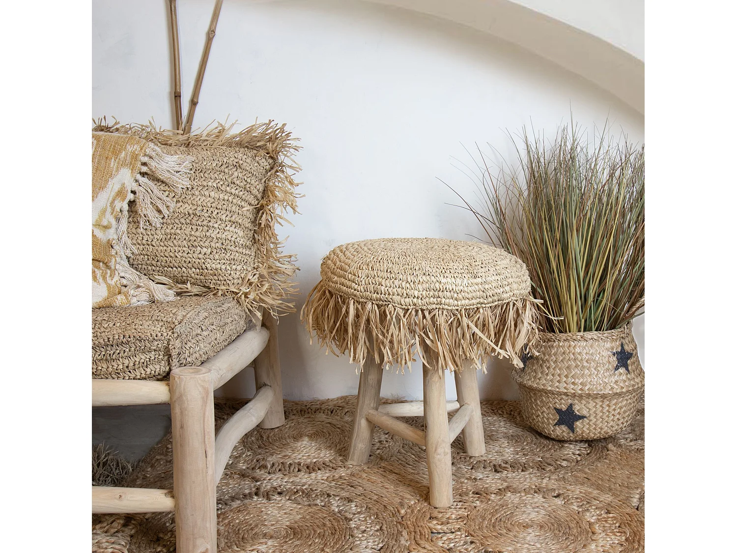 Now's Home - Tabouret En Teck Revetement Sisal Shaggy H48cm Tilos