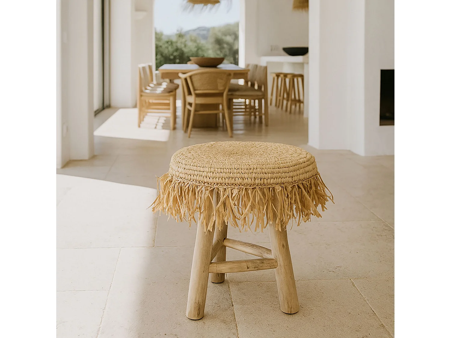Now's Home - Tabouret En Teck Revetement Sisal Shaggy H48cm Tilos