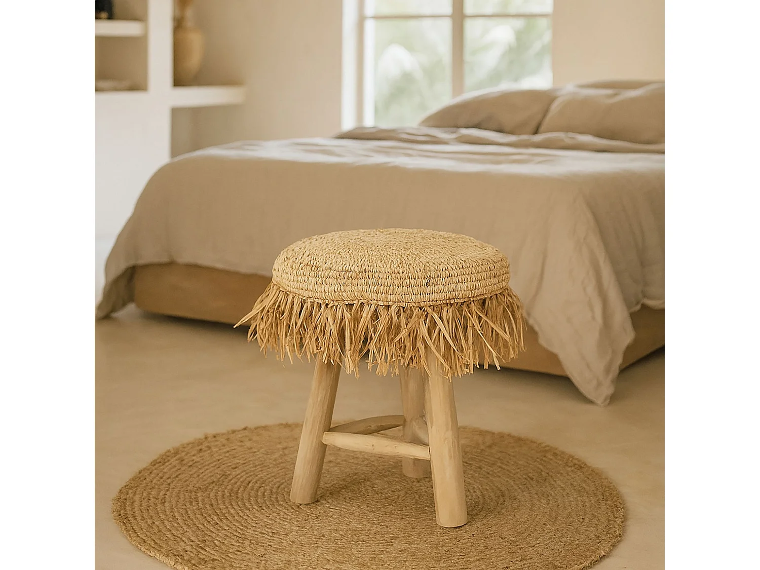 Now's Home - Tabouret En Teck Revetement Sisal Shaggy H48cm Tilos