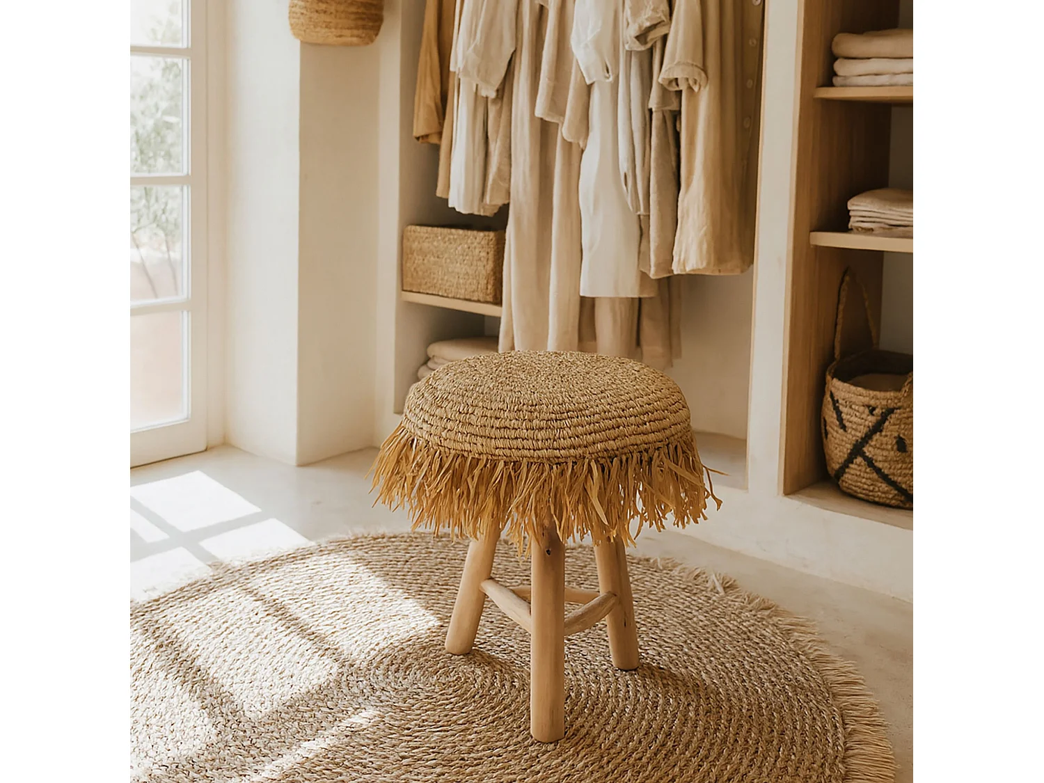 Now's Home - Tabouret En Teck Revetement Sisal Shaggy H48cm Tilos