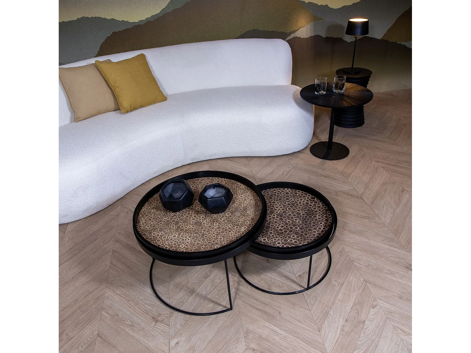 Now's Home - Set De 2 Tble Gigognes Noix De Coco Pieds Metal Noir D50 Et D60cm Racha