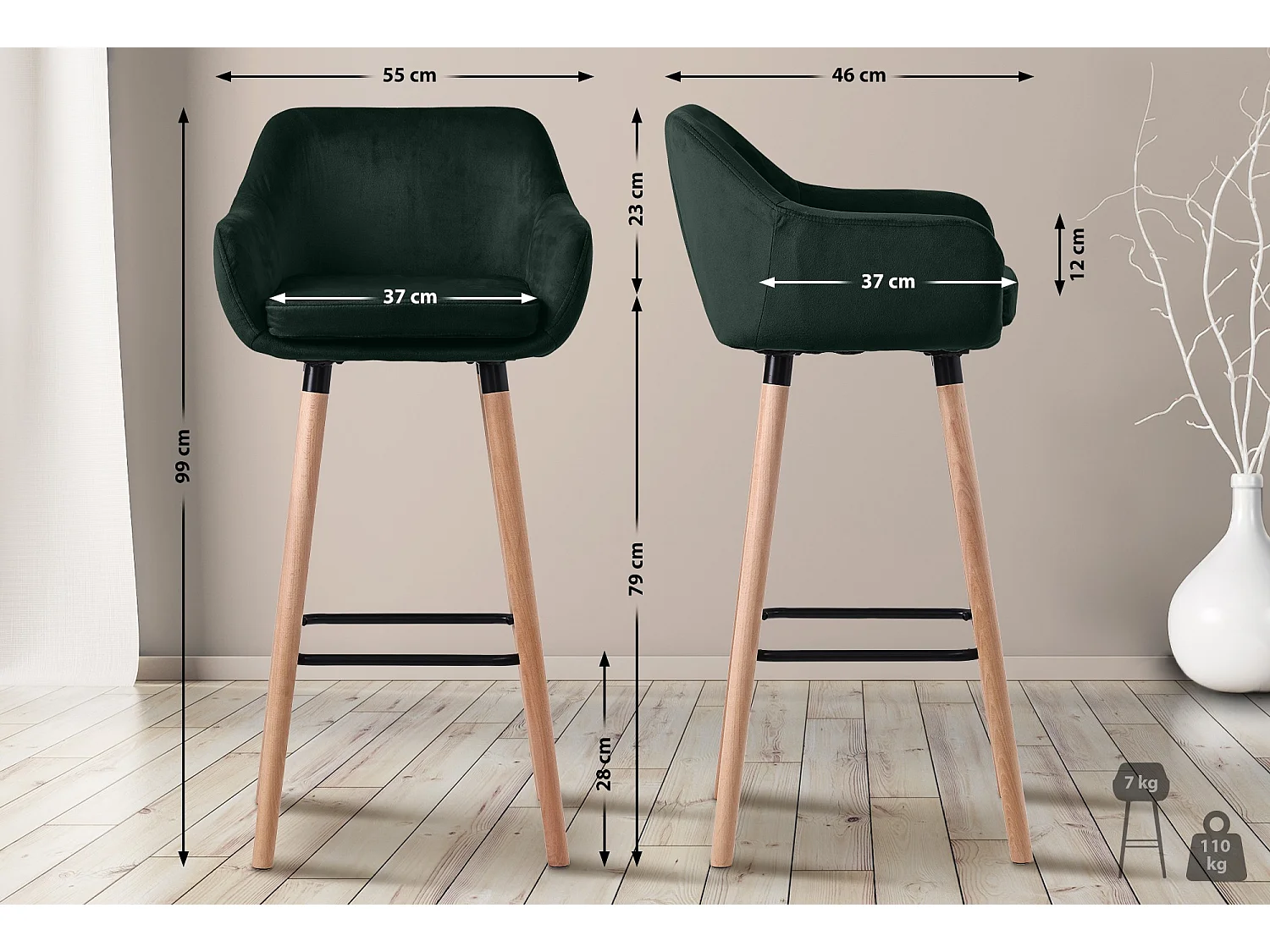 Tabouret de bar Grant velours - vert99.00