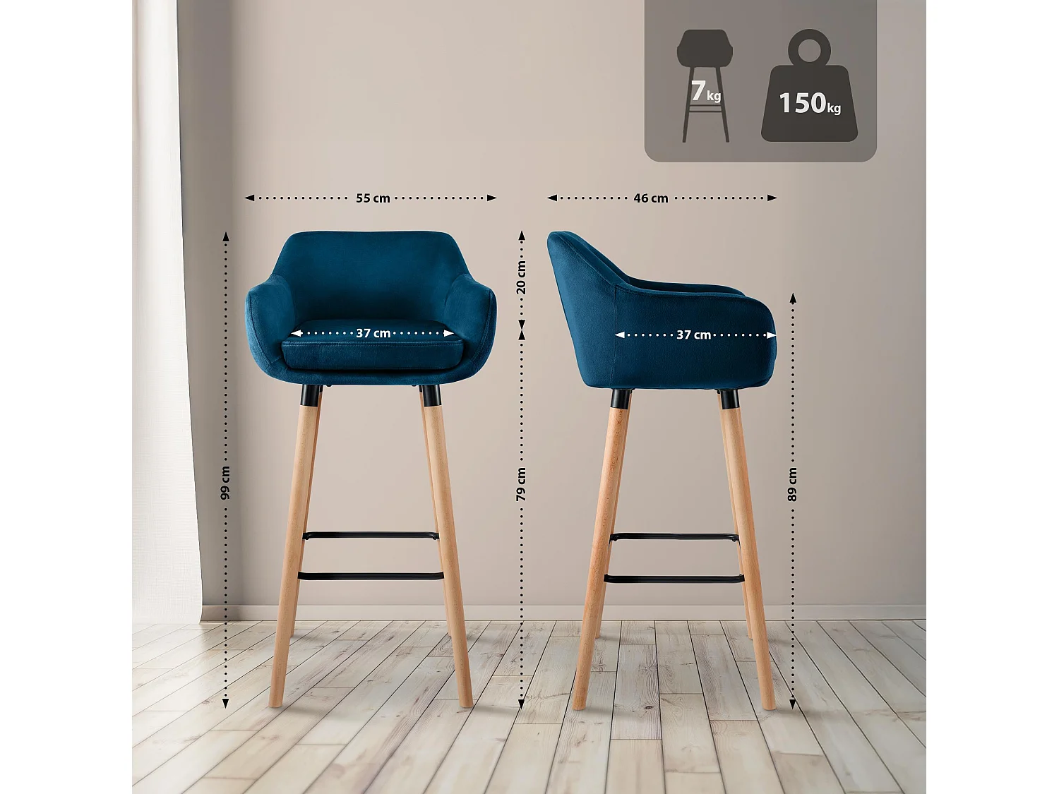 Tabouret de bar Grant velours - bleu99.00